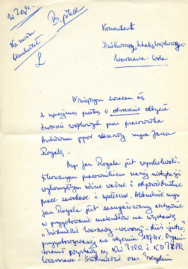 KKE 5858-1.jpg - Dok. Podanie od Jan Rogala do Komendata Dzielnicowgo Sztabu Wojskowego w Warszawie dotyczące odroczenia ćwiczeń wojskowych, Warszawa, 1973/1974 r.